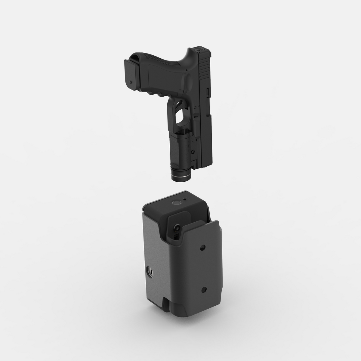 Two black mechanical components on a white background